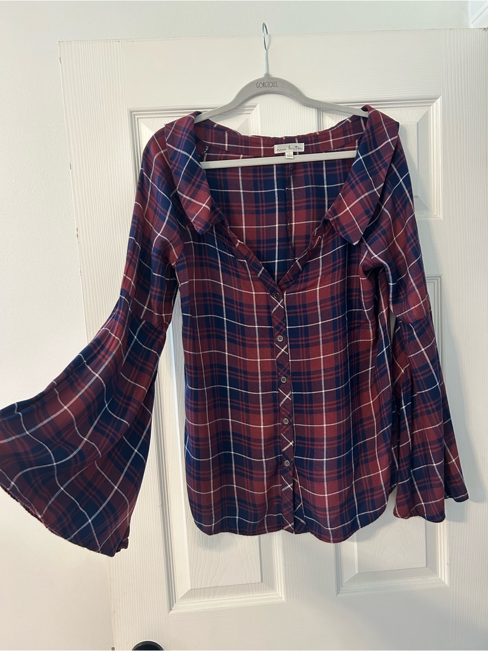 nine britton Burgundy and Navy Plaid Bell-Sleeve Button-Down Top